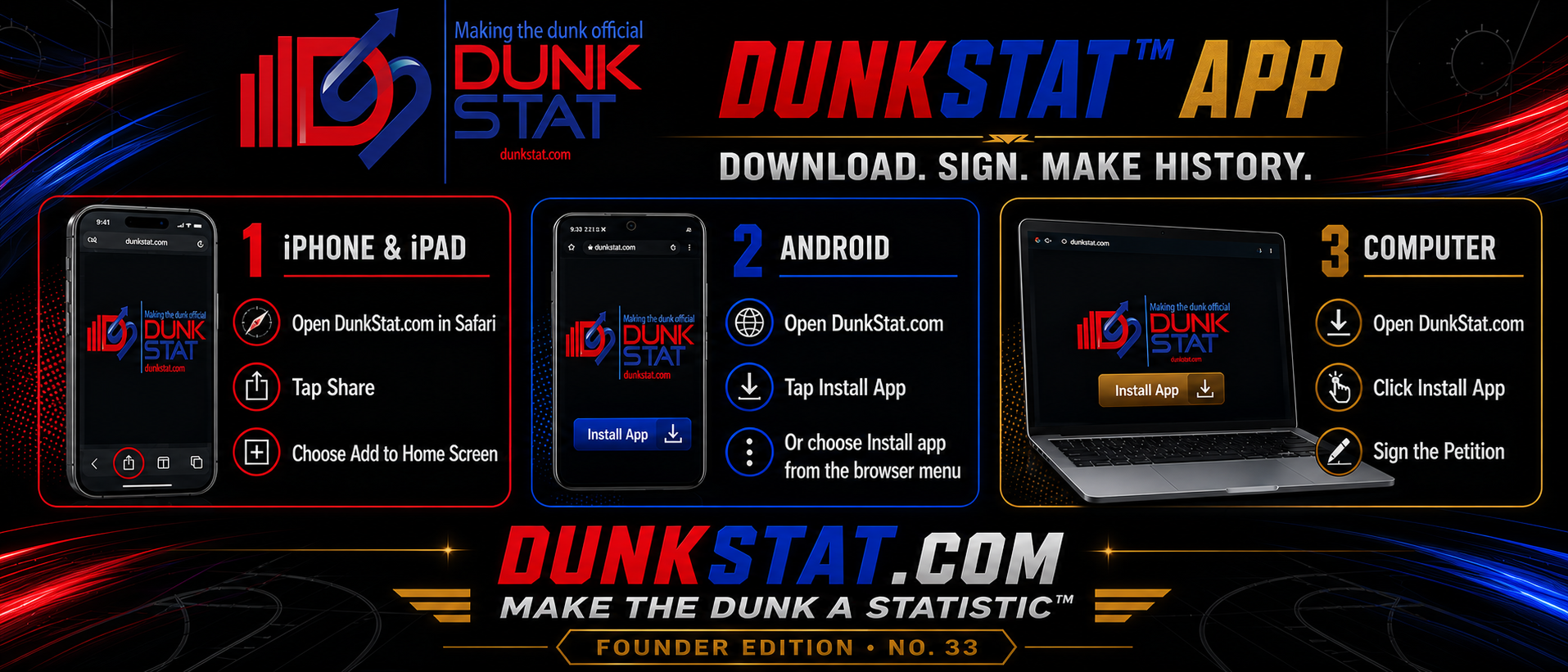 DunkStat app installation guide for iPhone, iPad, Android, and computer