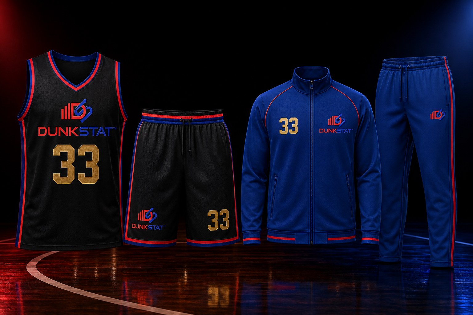 DunkStat number 33 jersey, shorts, tracksuit jacket, and pants