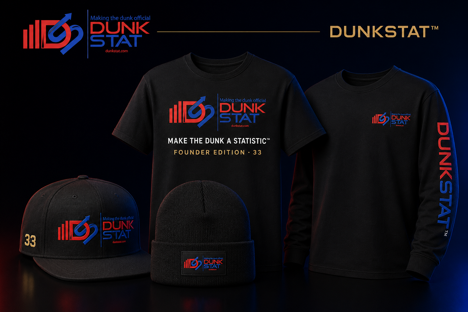 DunkStat Signature T-shirts, long sleeve shirt, hat, and beanie